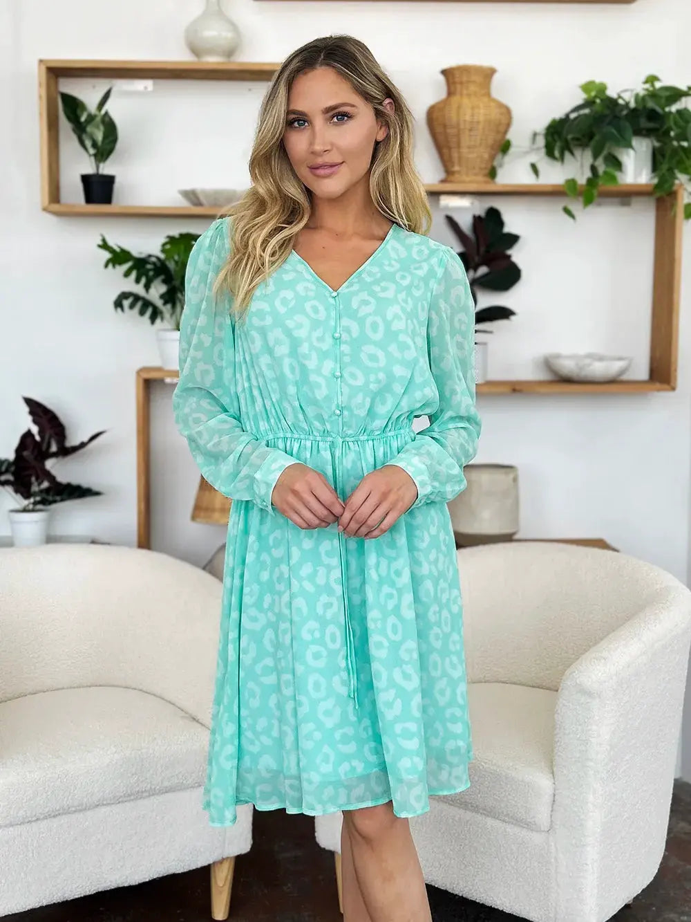 Double Take Full Size Printed Ruched V-Neck Long Sleeve Dress by Double Take