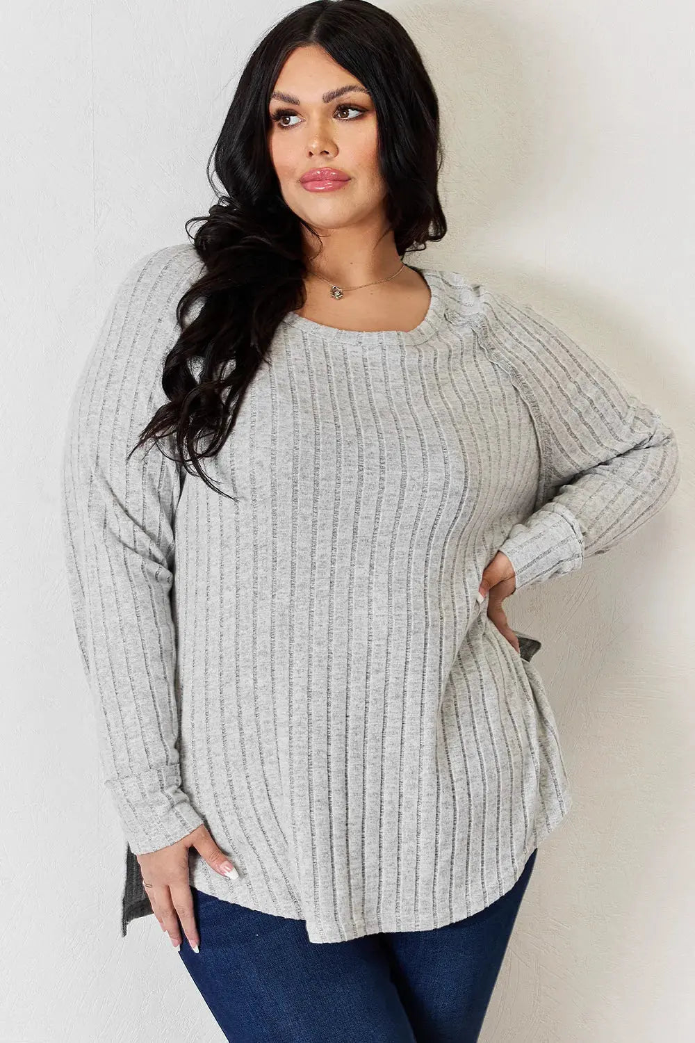 Basic Bae Full Size Ribbed Round Neck Slit T‑Shirt | Partner Labels Selection by Partner Label