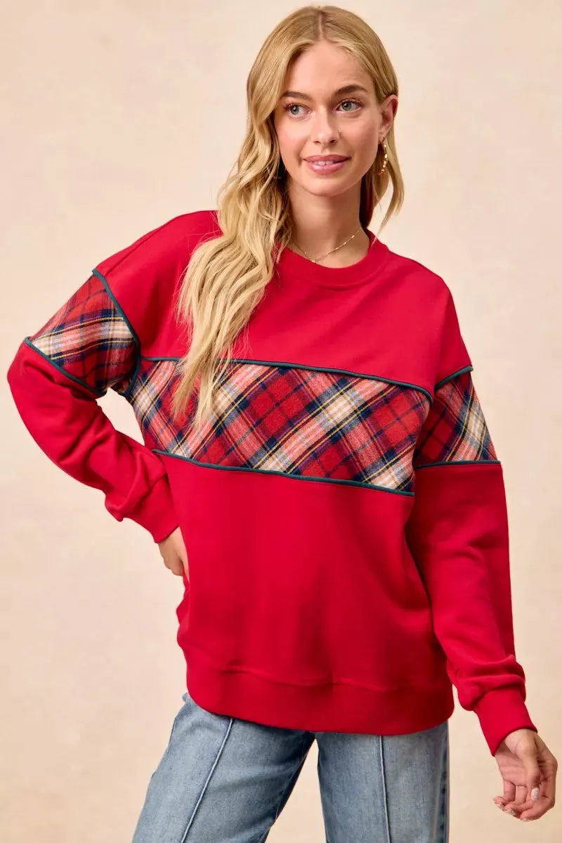 BiBi Christmas Theme Plaid Block Sweatshirt with Binding by BiBi