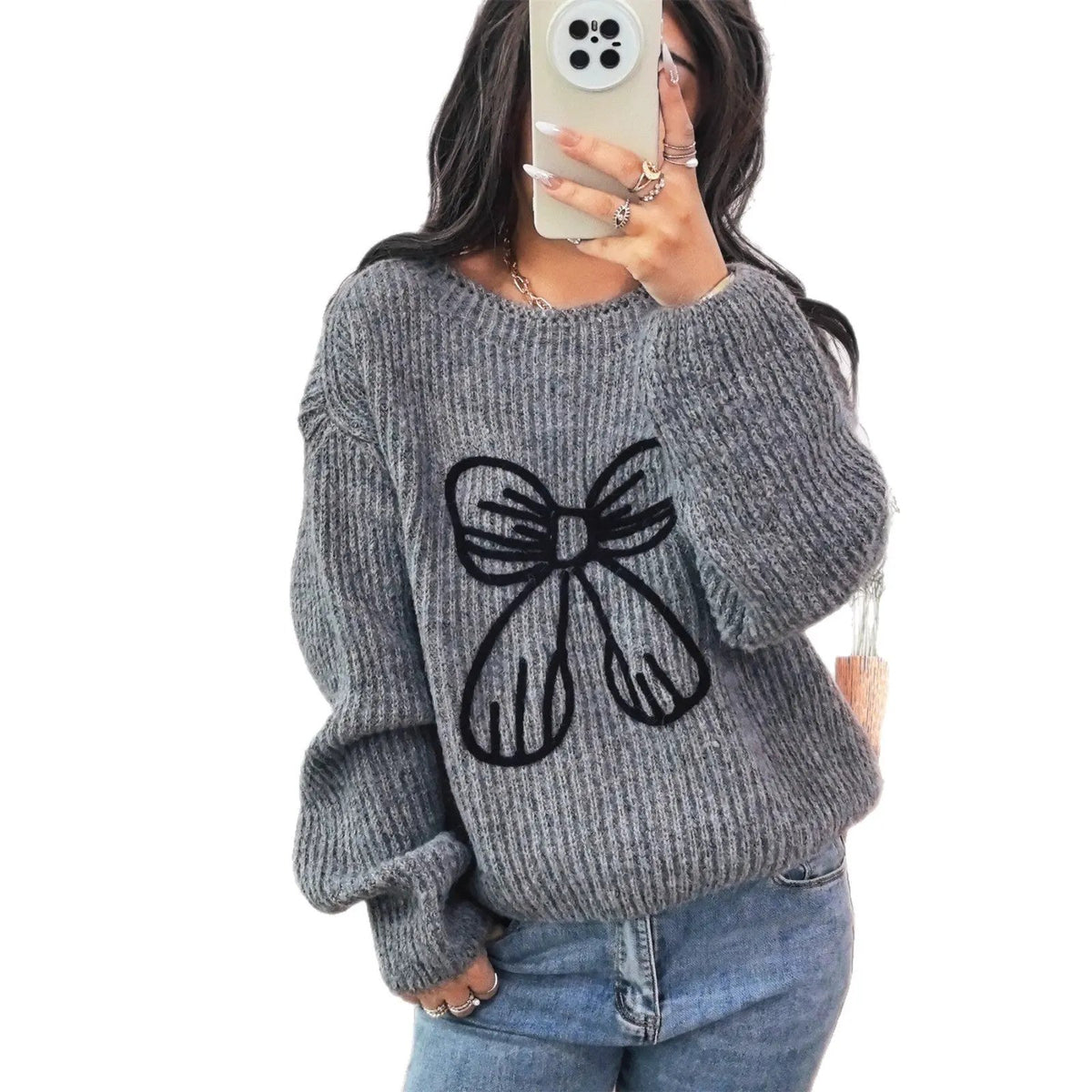 Simple Casual Bow Embroidery Decoration Knitted Long Sleeve Sweater by Maiden-Art