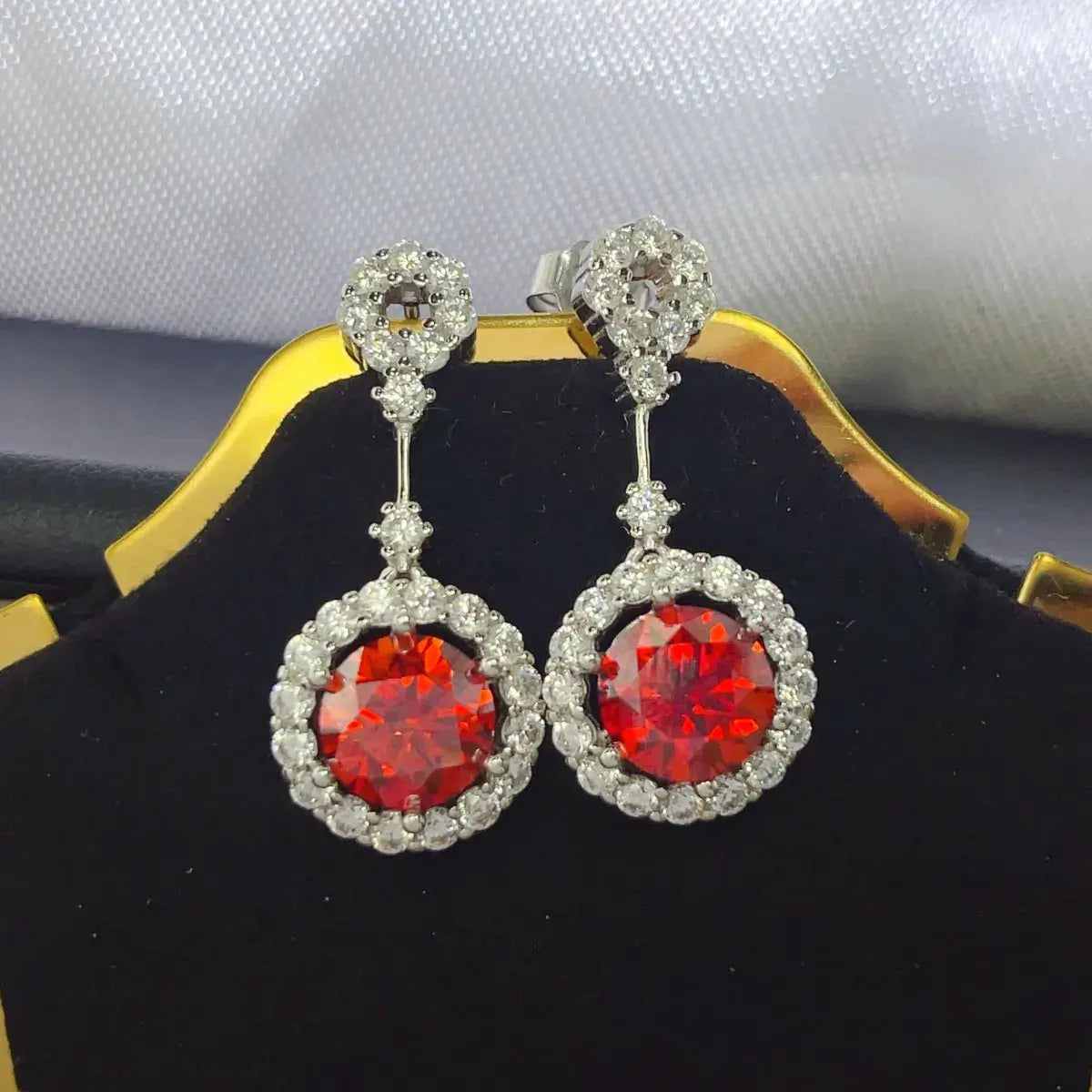 4 Carat Ruby Red Crystal Drop Earrings with Rhinestone Halo by Partner Label