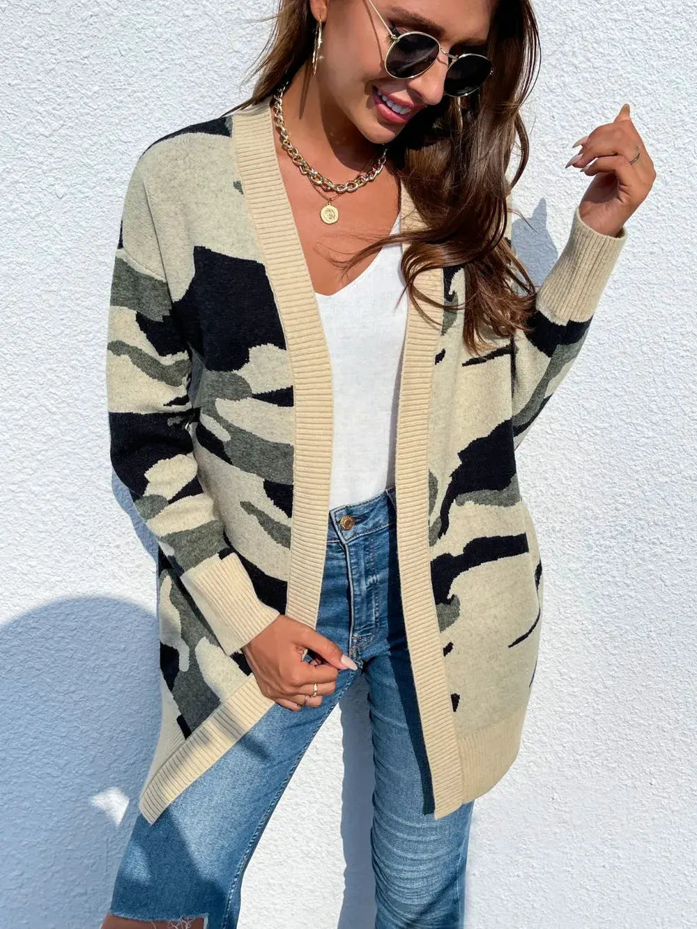 Camouflaged Dropped Shoulder Open Front Cardigan by Partner Label