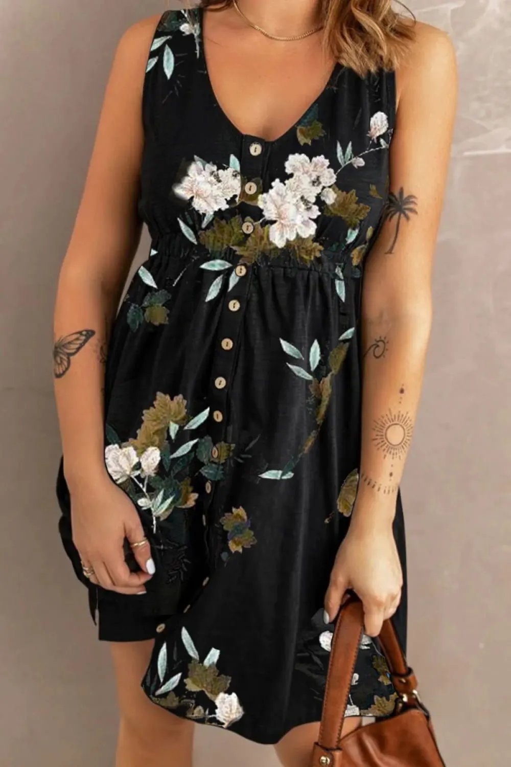 Double Take Printed Scoop Neck Sleeveless Buttoned Magic Dress with Pockets by Double Take
