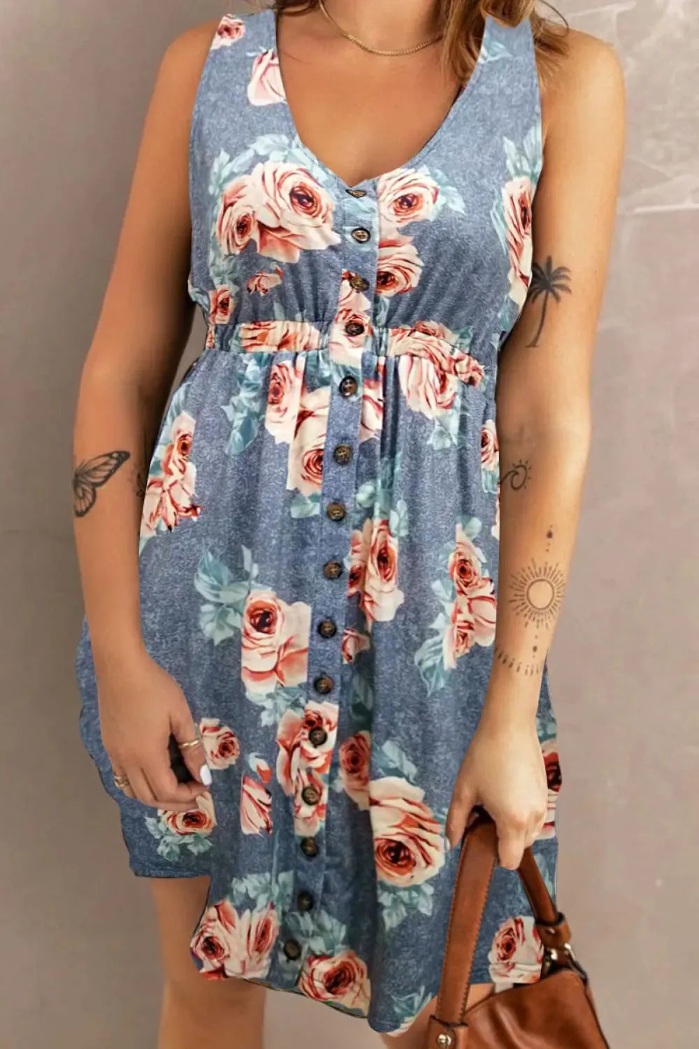 Double Take Printed Scoop Neck Sleeveless Buttoned Magic Dress with Pockets by Double Take