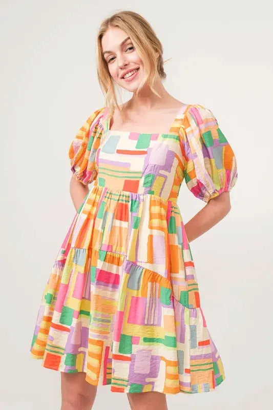 And The Why Square Neck Puff Sleeve Geo Printed Mini Dress by And The Why