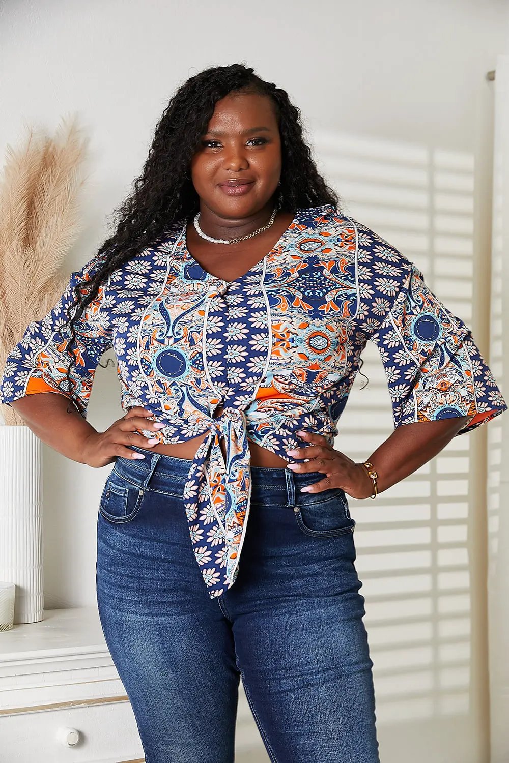 Tie Hem V-Neck Three-Quarter Sleeve Blouse by Equanimity