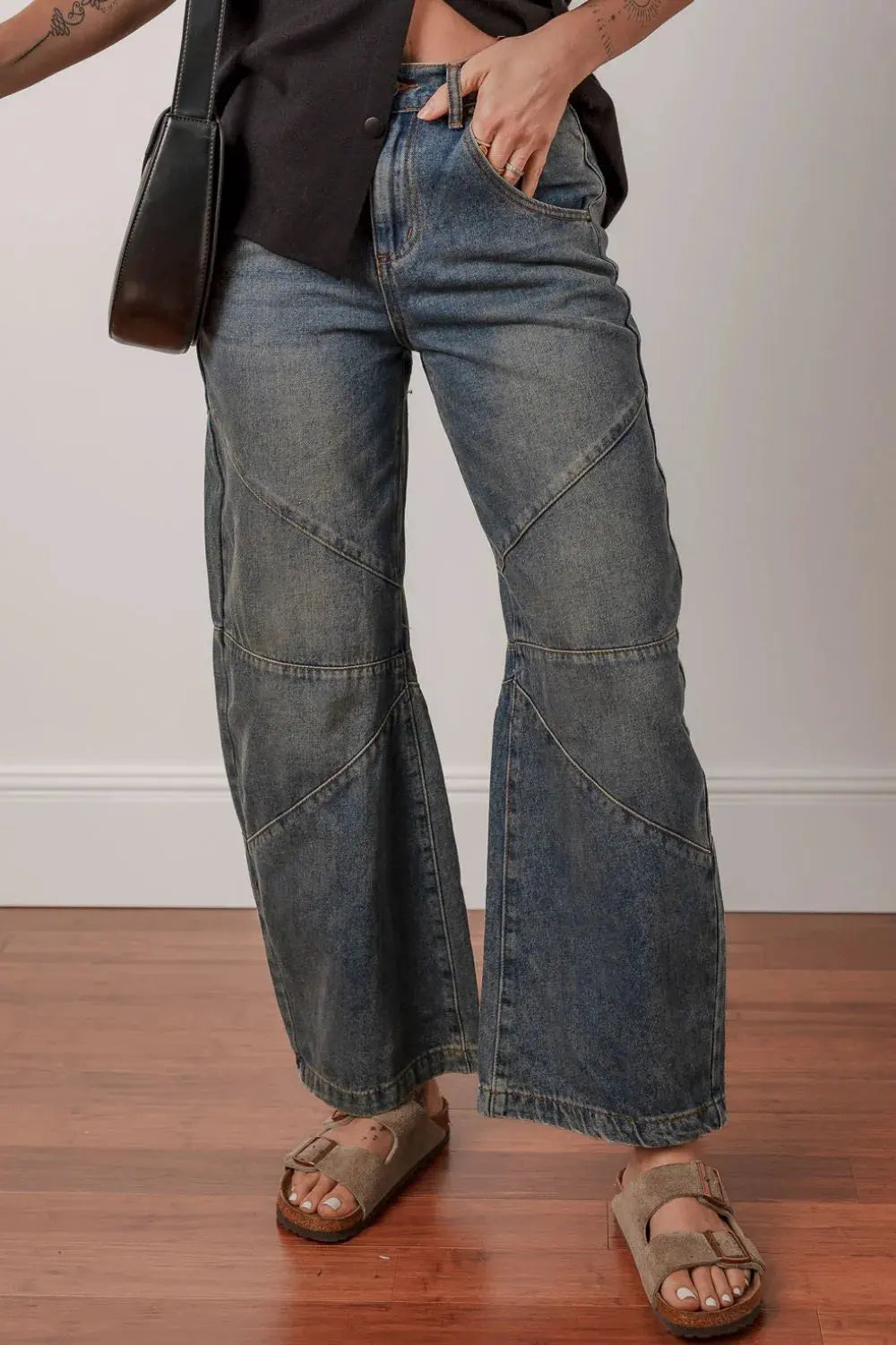 Exposed Stitching Loose Straight High Waist Jeans by Partner Label