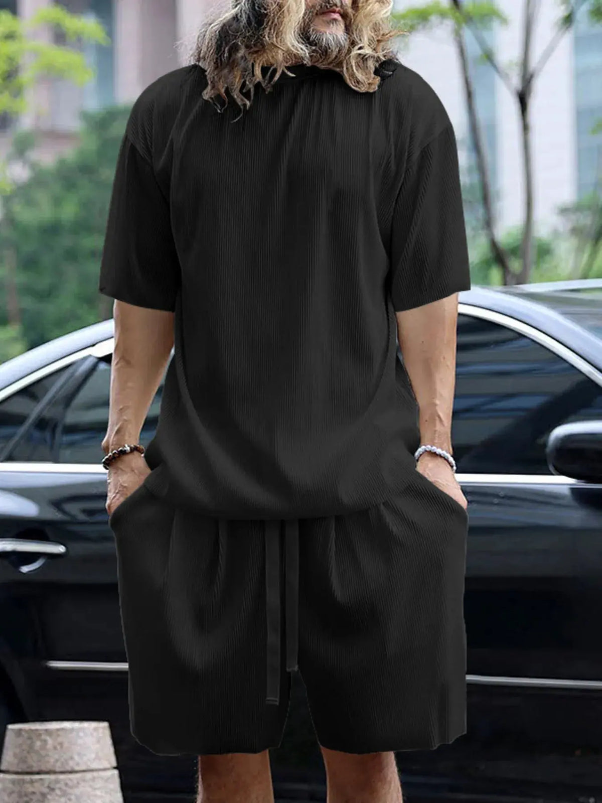 Men's Full Size Round Neck Short Sleeve Top and Shorts Set Plus Size by Trendsi