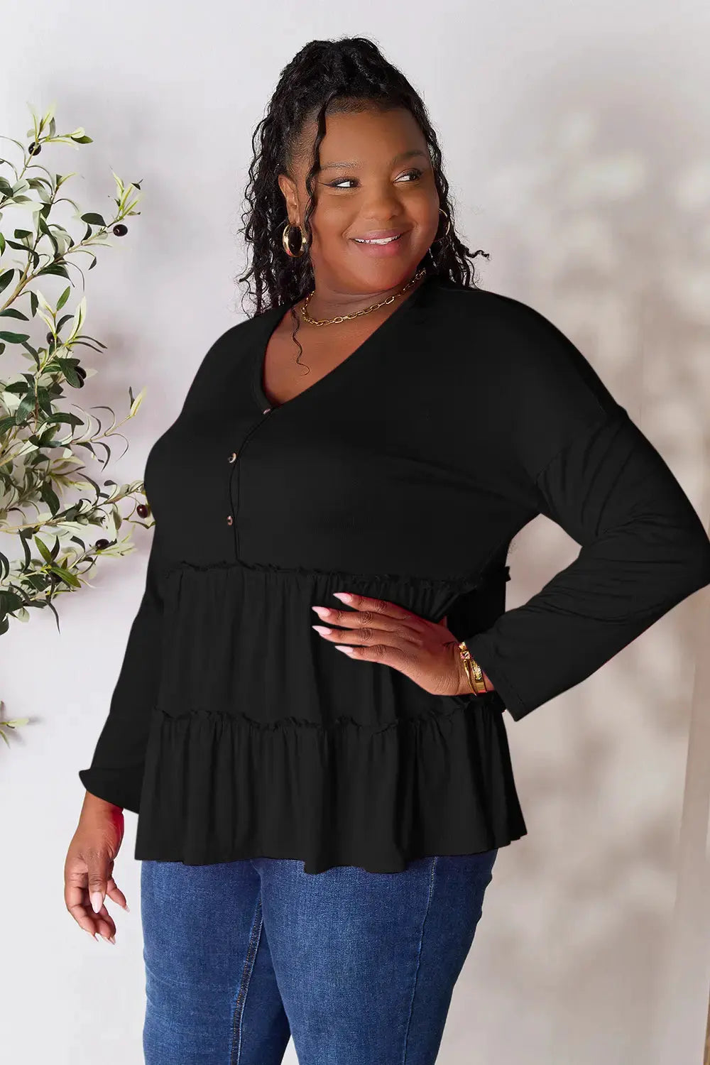 Double Take Half Button Long Sleeve Ruffle Hem Blouse by Double Take