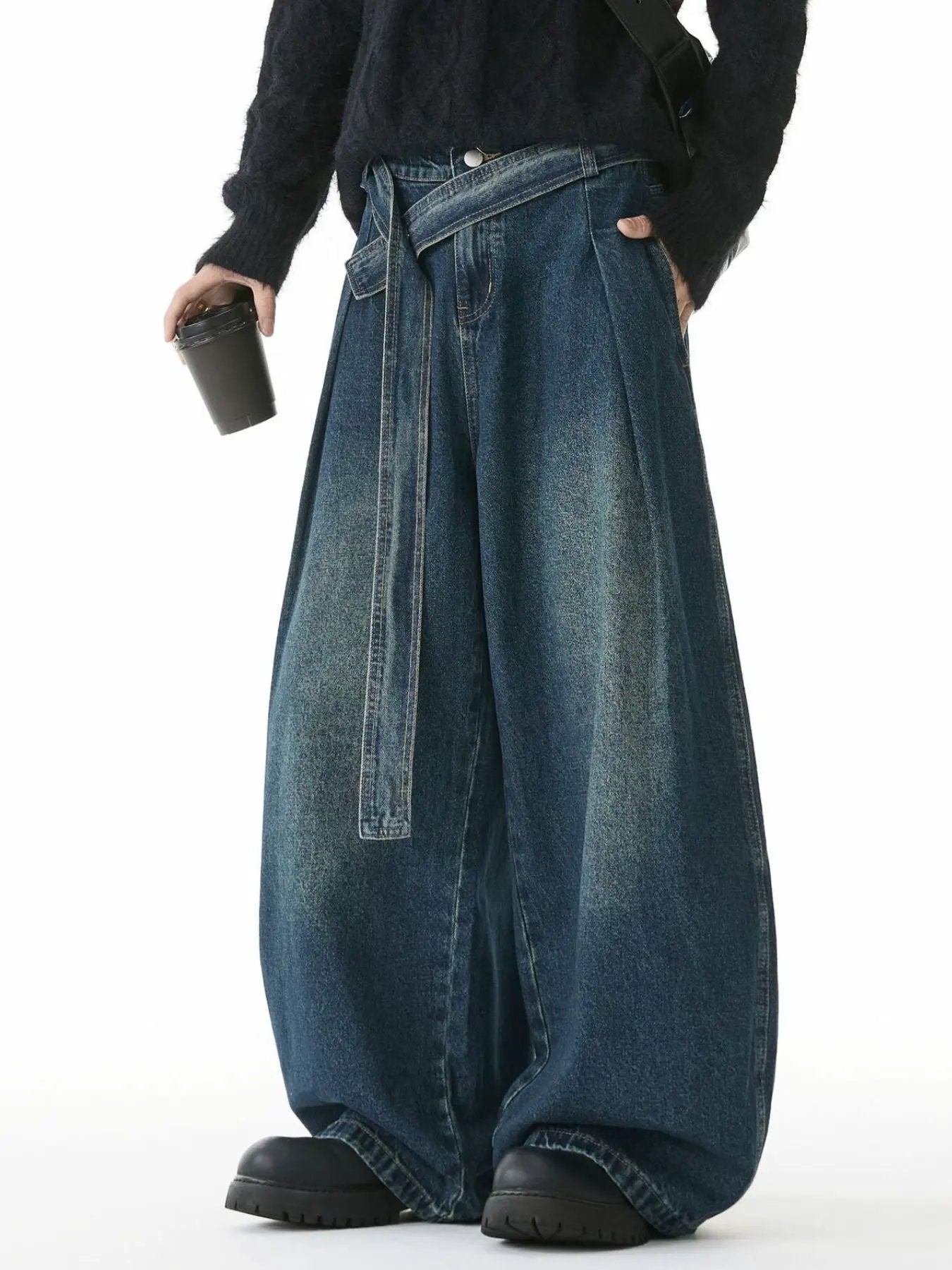 Men's Full Size Wash Belted Wide Leg Jeans Plus Size by Partner Label