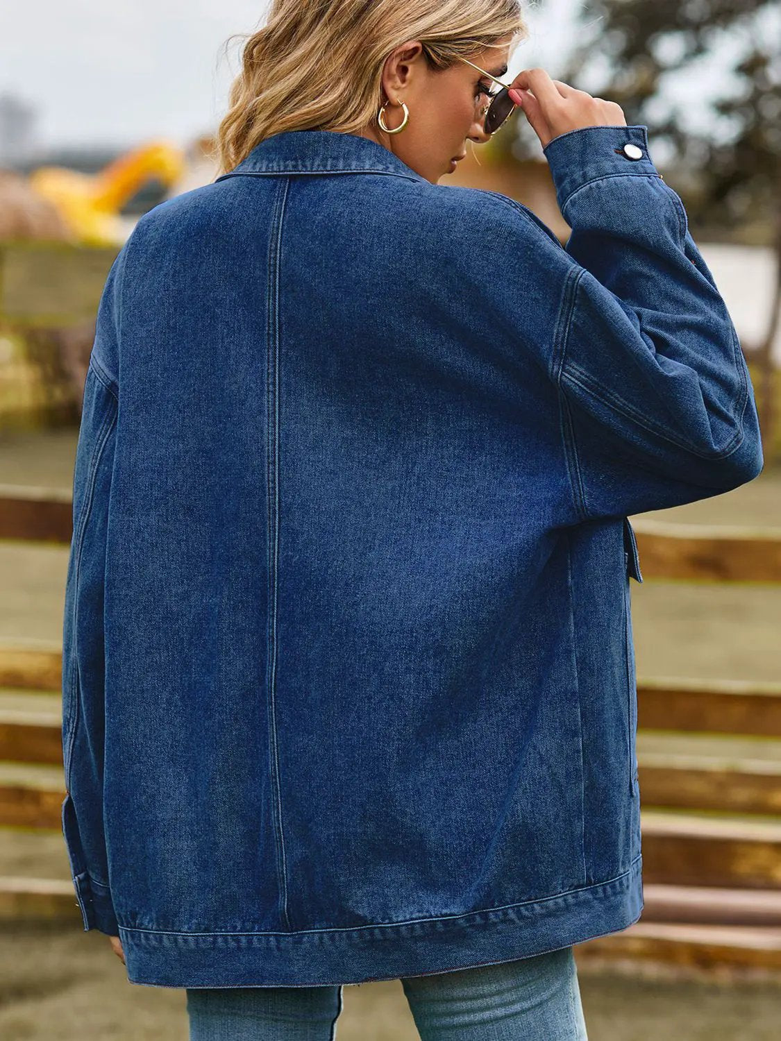 Dropped Shoulder Denim Jacket with Pockets by Partner Label