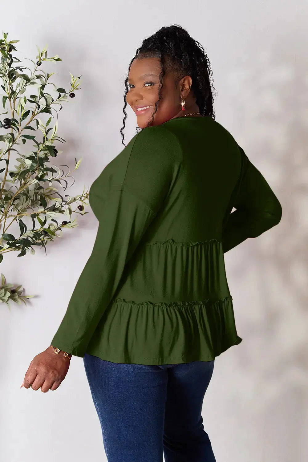 Double Take Half Button Long Sleeve Ruffle Hem Blouse by Double Take