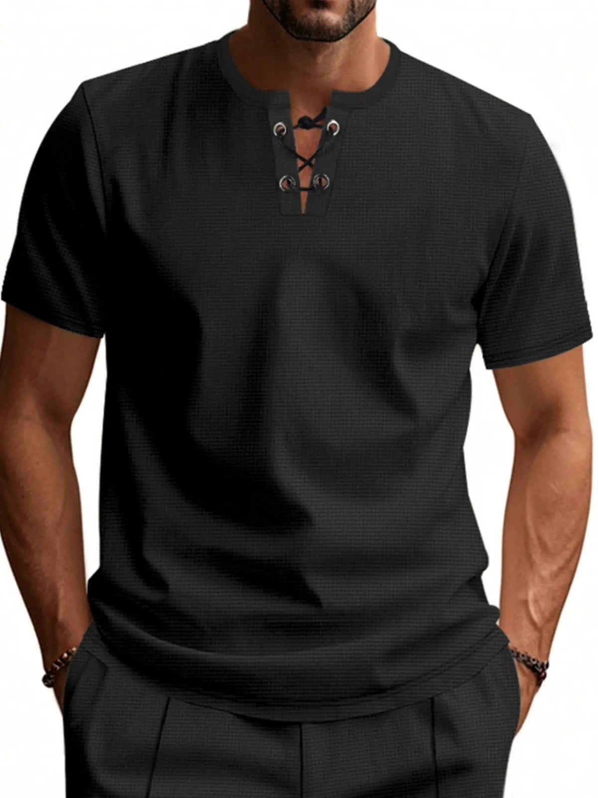 Men's Full Size Lace-Up Neck T-Shirt Plus Size by Trendsi