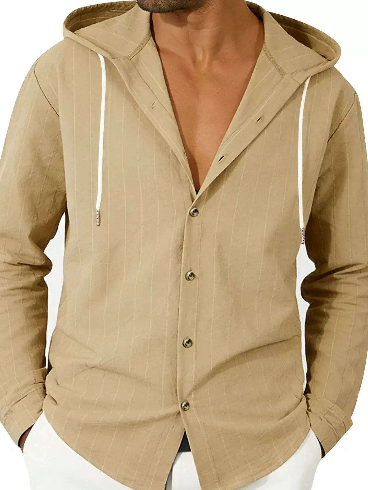 Men's Full Size Drawstring Hooded Button Up Shirt Plus Size by Trendsi