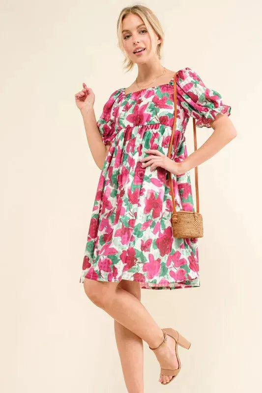 And The Why Smocked Floral Ruffle Short Sleeve Mini Dress by And The Why