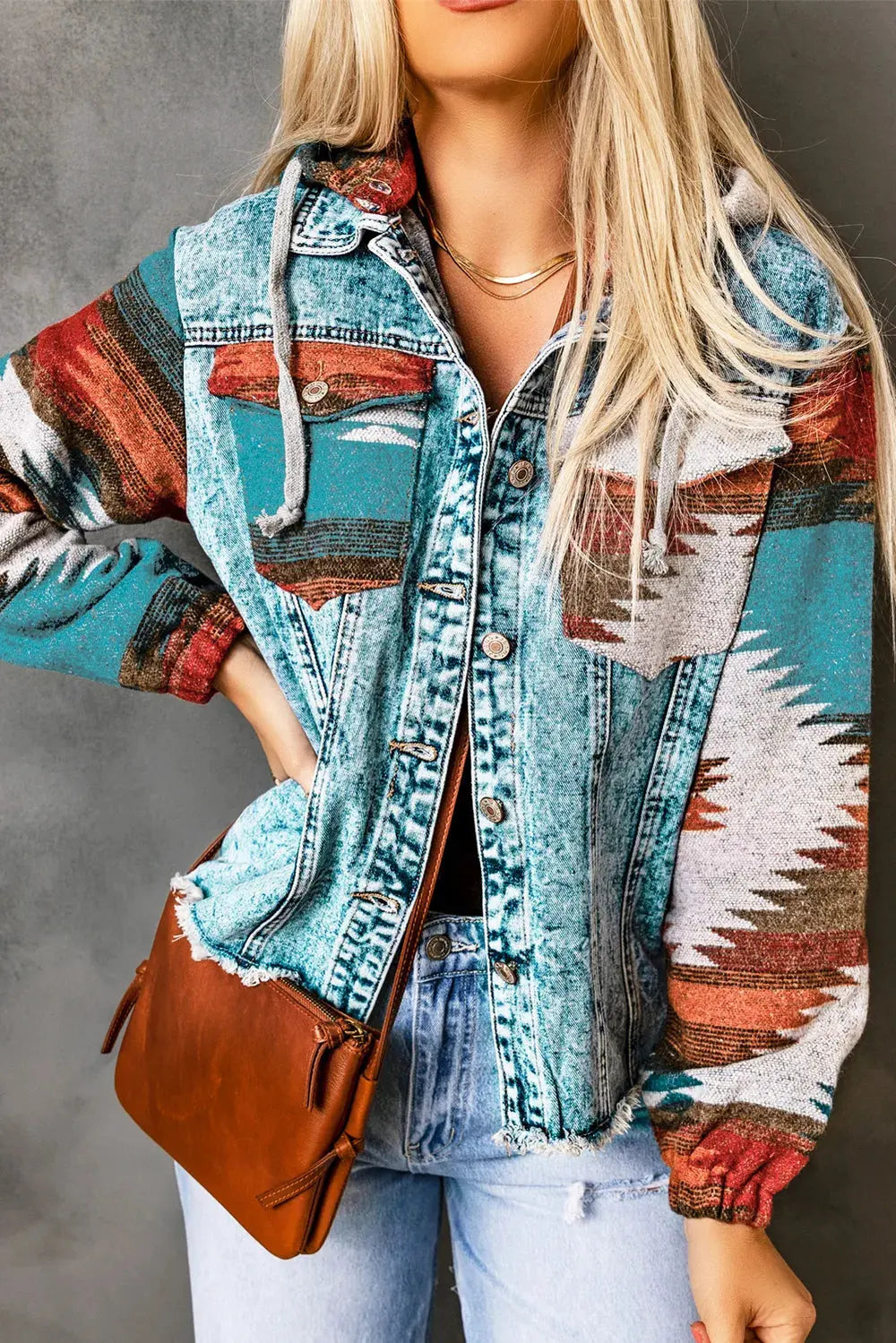 Drawstring Hooded Pocketed Denim Jacket by Partner Label