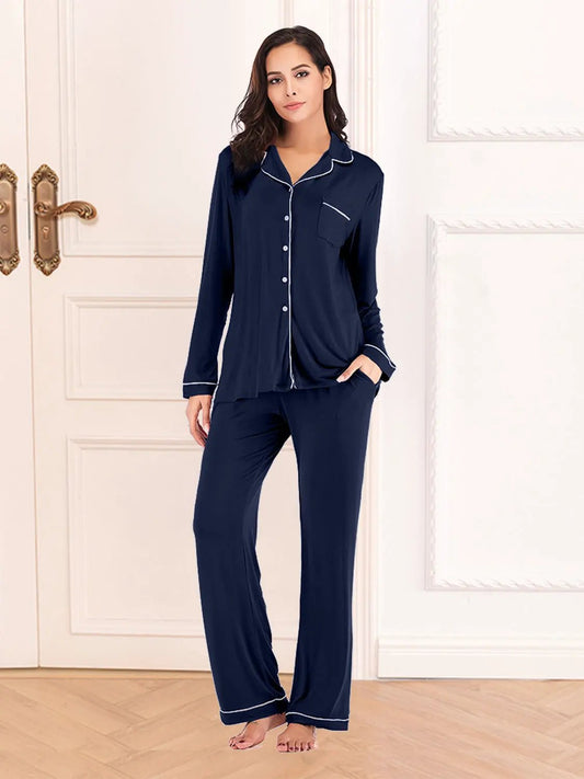 Collared Neck Long Sleeve Loungewear Set with Pockets by Partner Label