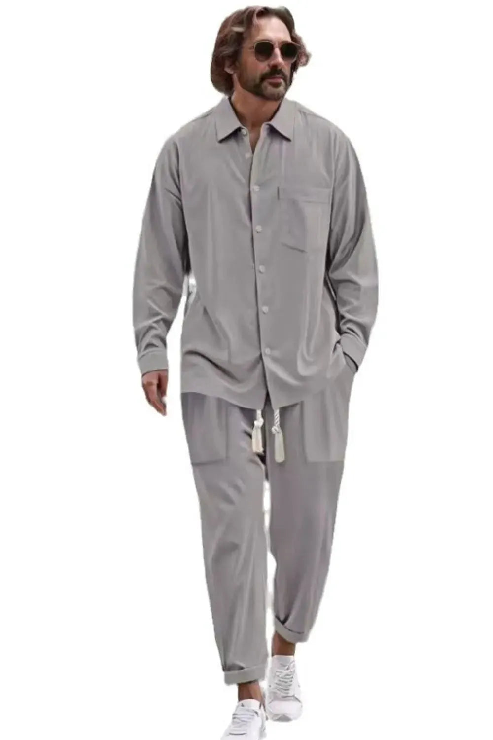 Men's Collared Neck Long Sleeve Top and Pants Set Plus Size by Trendsi