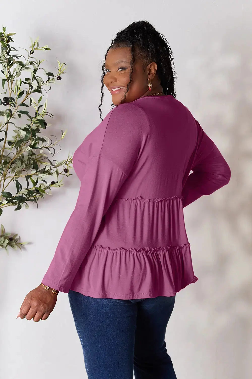 Double Take Half Button Long Sleeve Ruffle Hem Blouse by Double Take