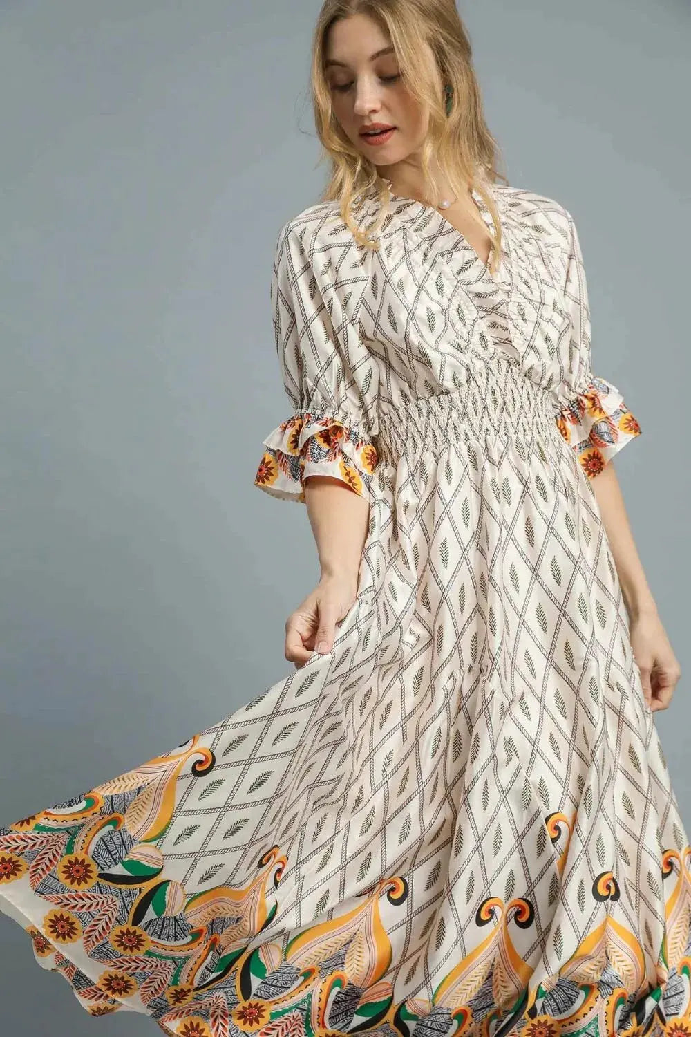 Umgee Printed Smocked Waist Flounce Sleeve Midi Dress by Umgee USA