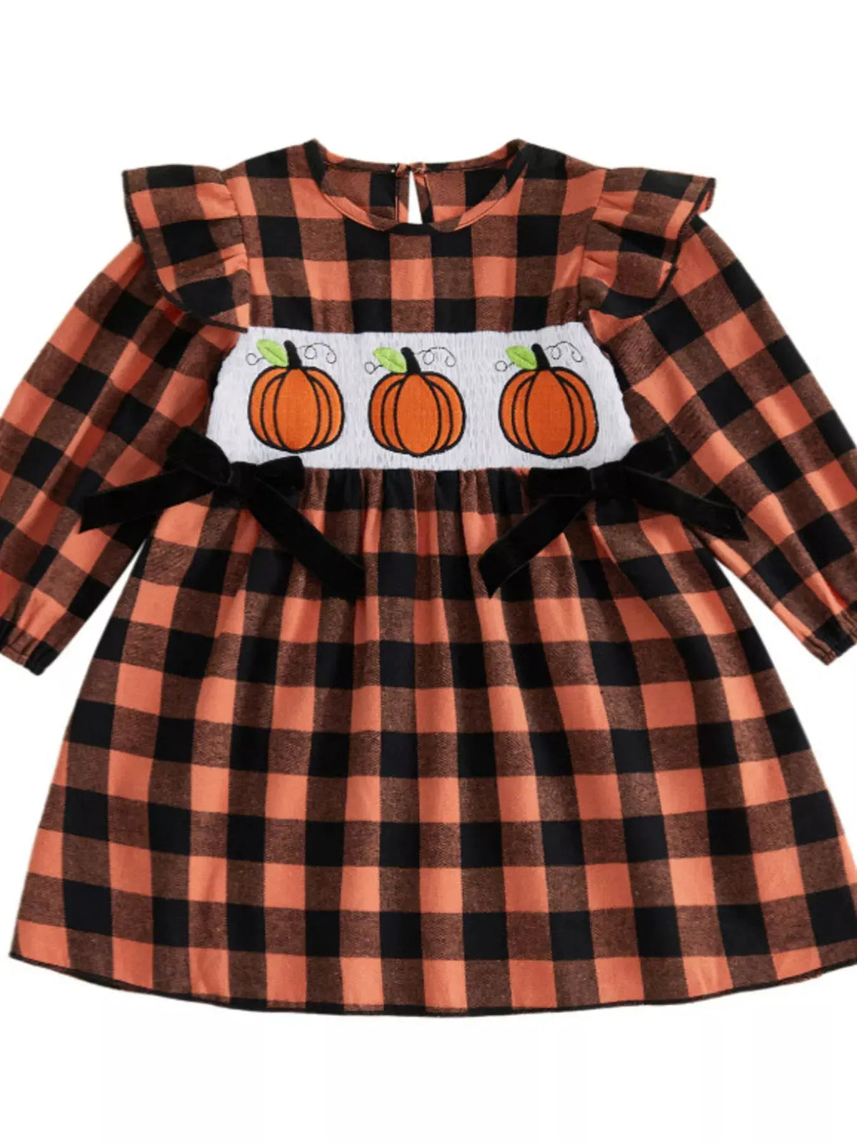 Children's Halloween Plaid Pumpkin Smocked Dress by Trendsi
