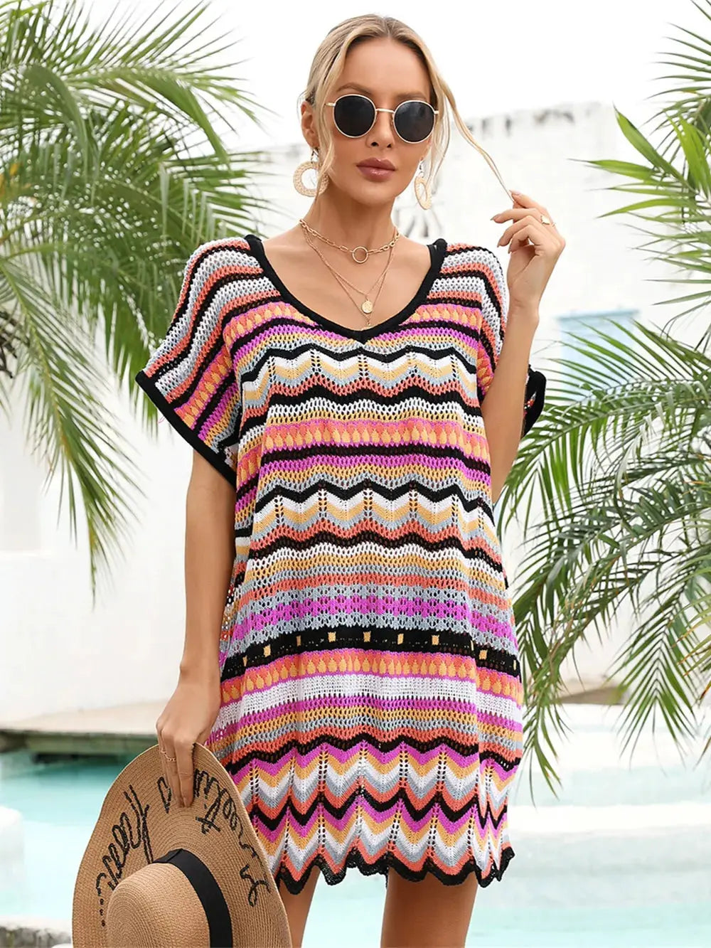 Angel Wings Rainbow Stripe Scalloped V-Neck Cover-Up Dress by Angel Wings