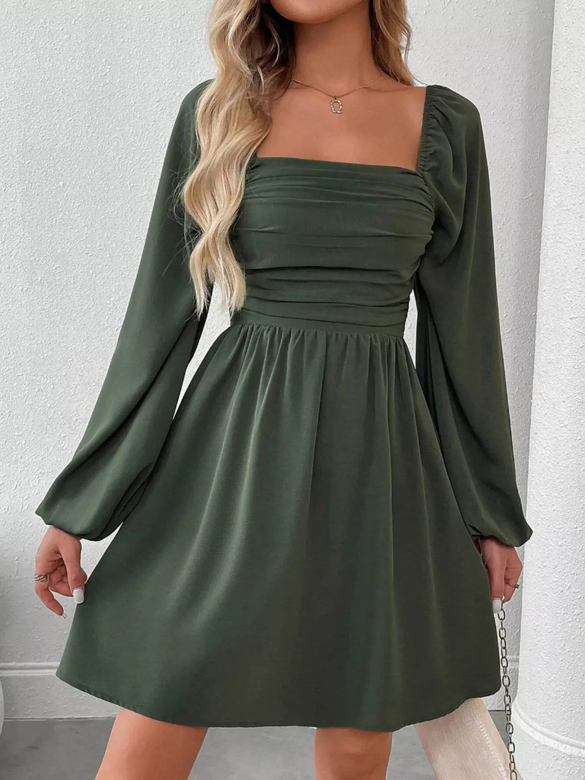Ruched Square Neck Long Sleeve A-Line Dress by Partner Label