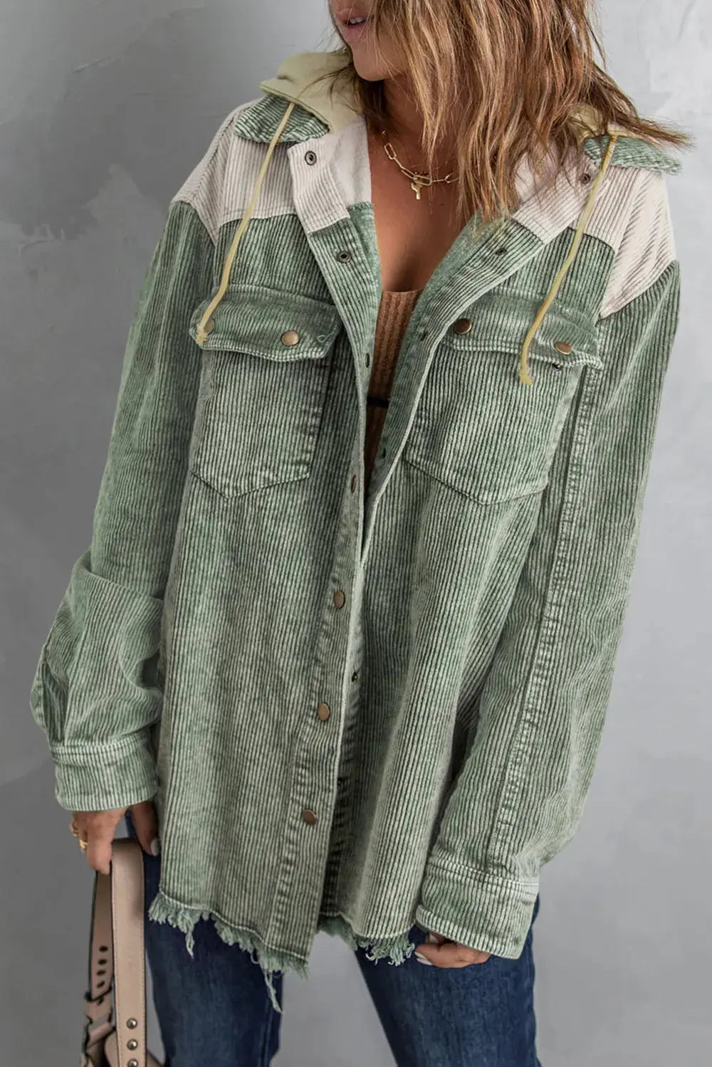 Snap Front Hooded Corduroy Shacket by Partner Label