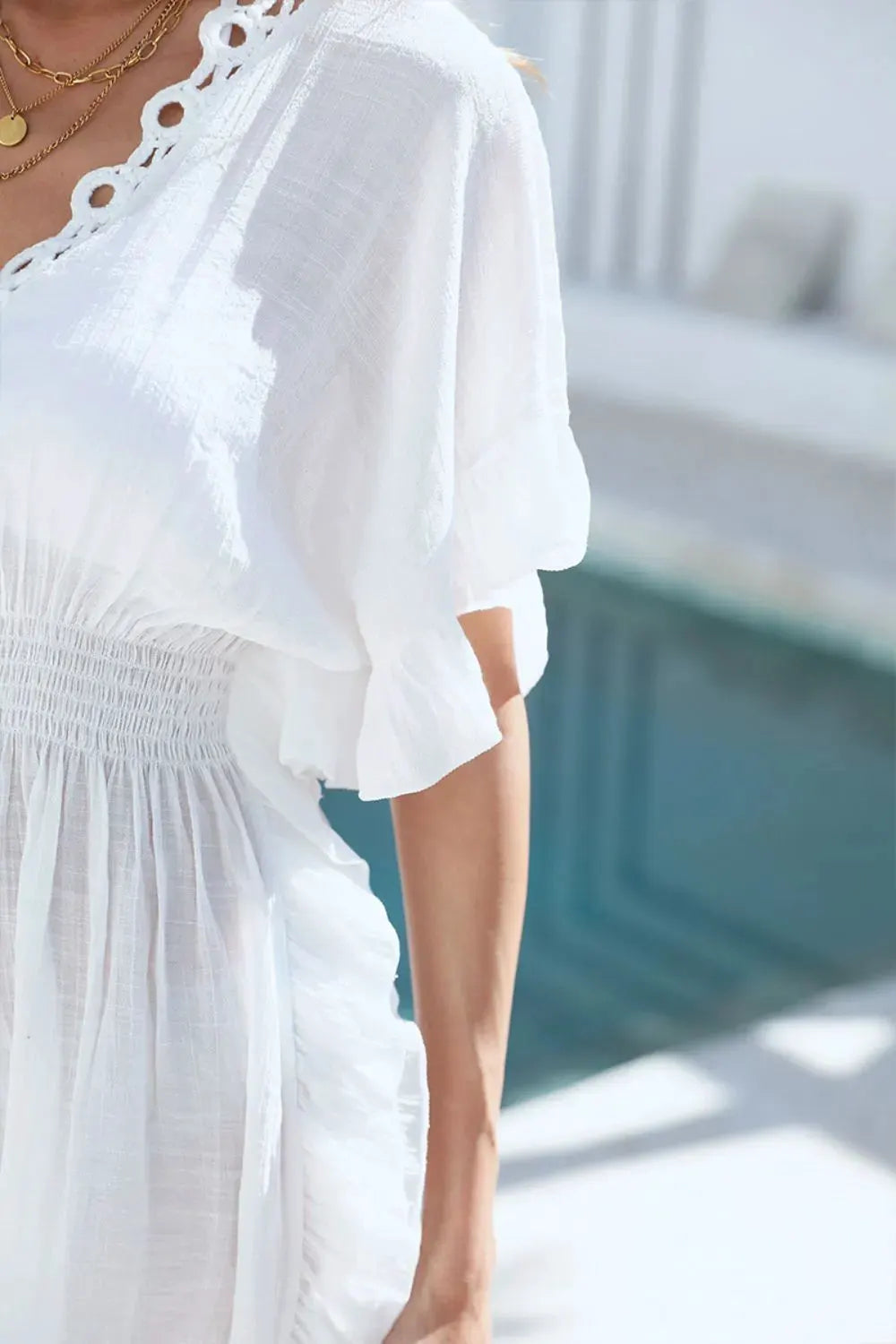 Ruffled Smocked Waist V-Neck Cover-Up by Partner Labels