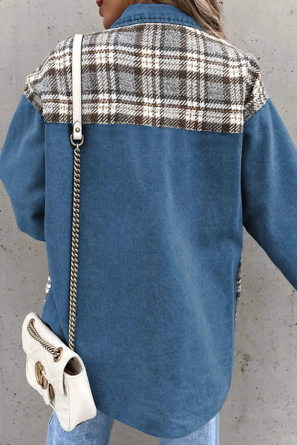 Plaid Pocketed Button Up Denim Jacket by Partner Label