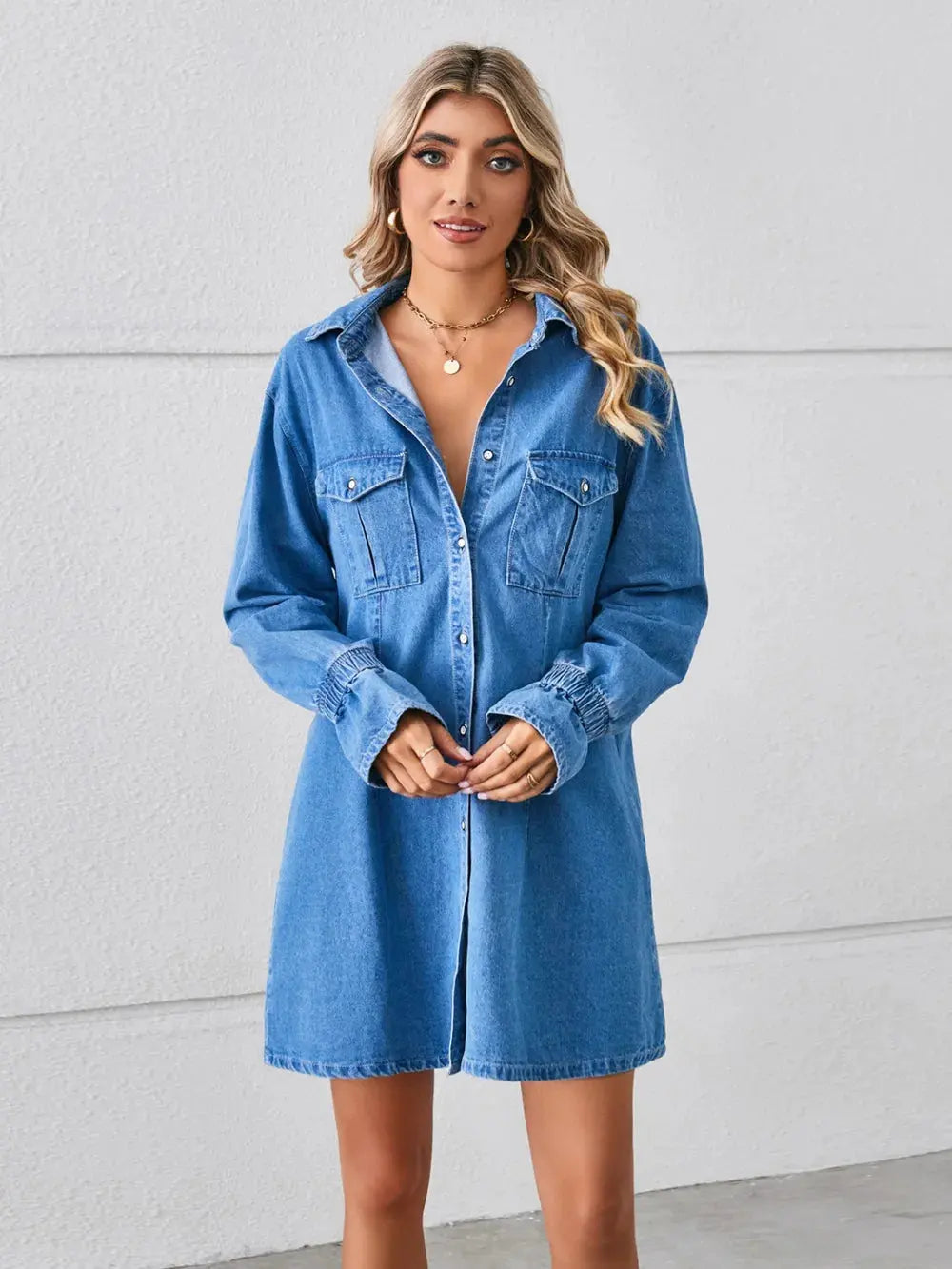 Pocketed Dropped Shoulder Mini Denim Dress by Partner Label