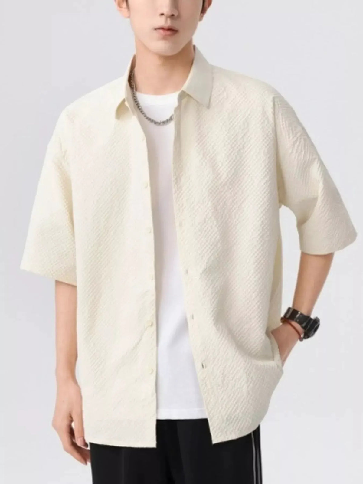 Men's Full Size Textured Short-Sleeve Shirt Plus Size by Trendsi