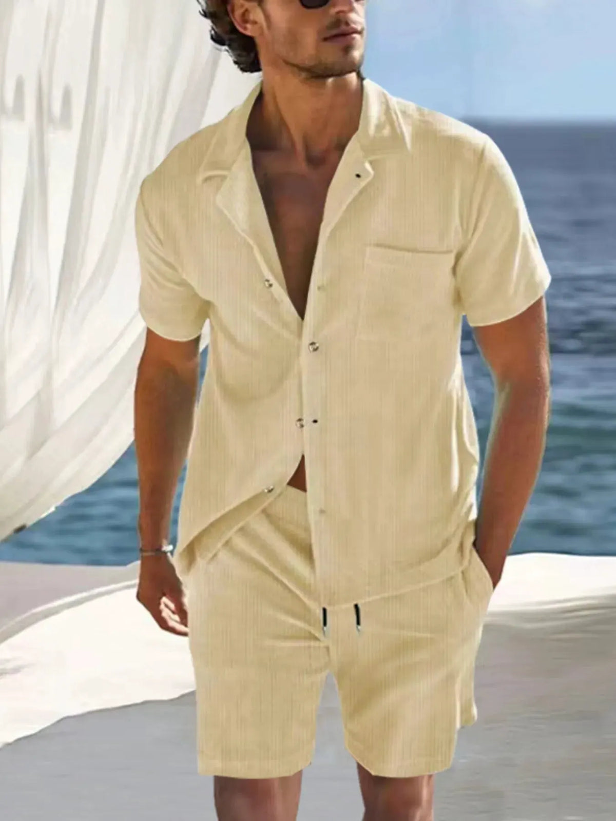 Men's Full Size Button Detail Short Sleeve Top and Shorts Set Plus Size by Trendsi