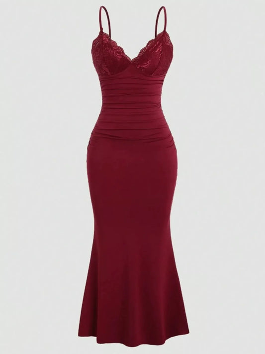 Lace Trim Ruched Mermaid Dress by Partner Label