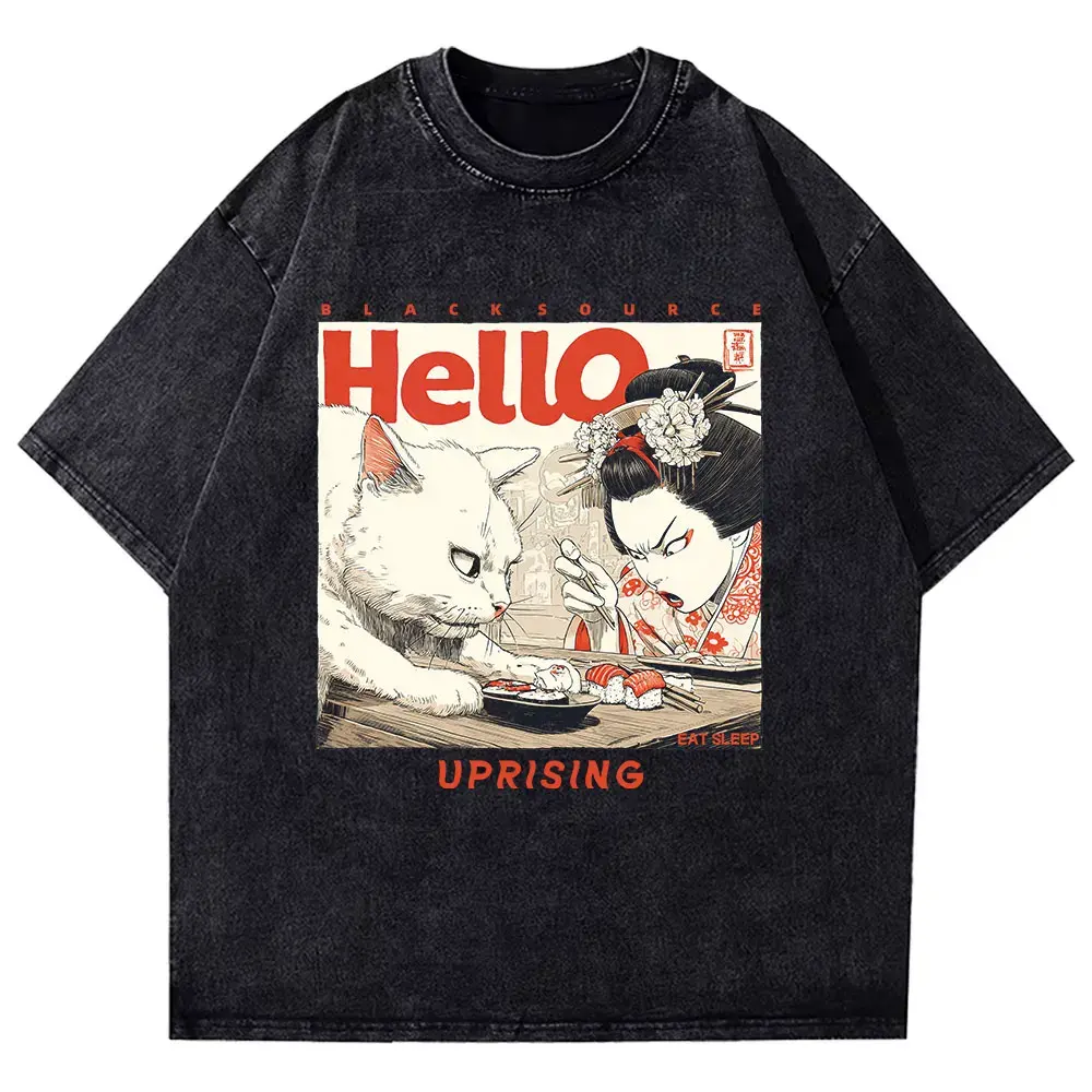 Funny Japanese Cat Print Vintage Cotton T-Shirt by Vimost Shop