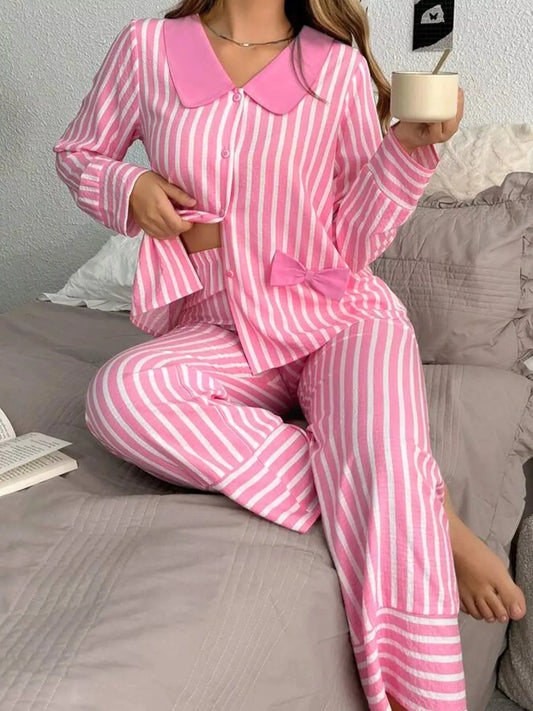 Stripe Buttoned Front Long Sleeve Top and Pants 2 Piece Sleepwear by Partner Label
