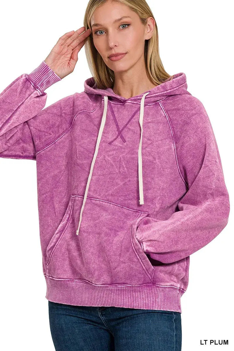 Zenana Acid Wash Fleece Hoodie with Kangaroo Pocket by Zenana