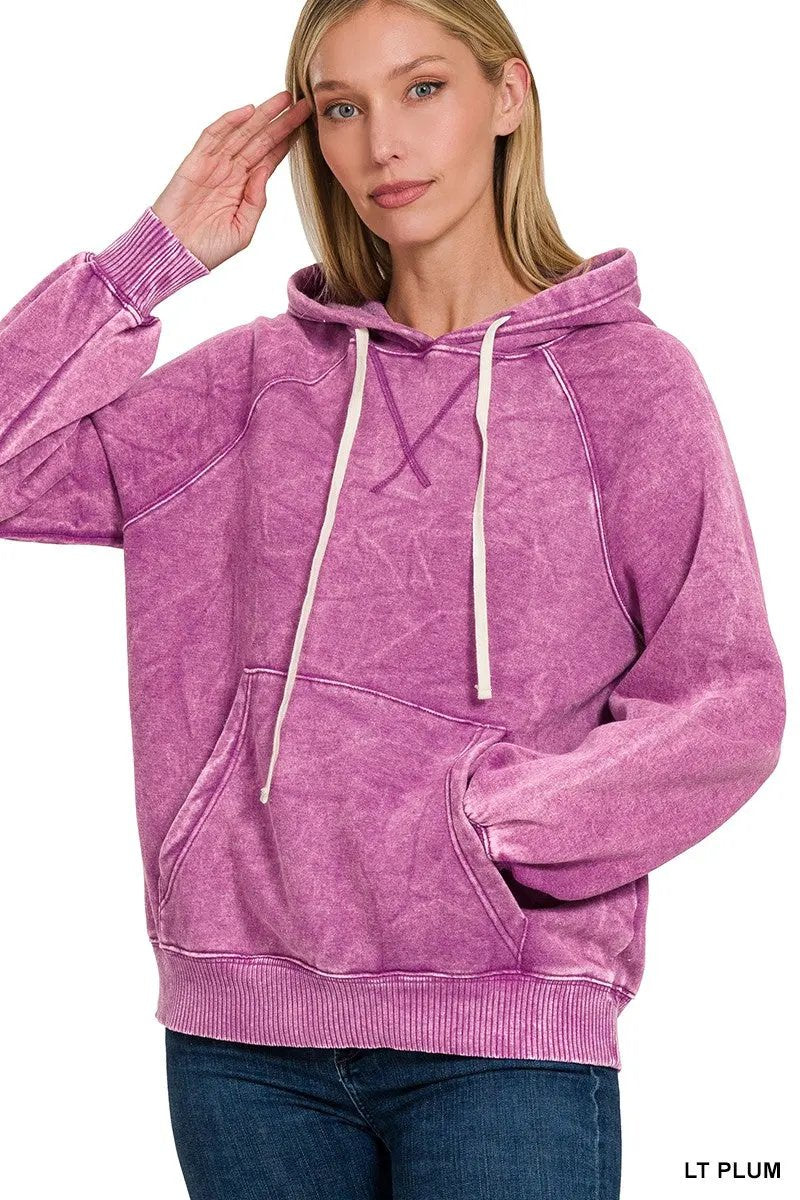 Zenana Acid Wash Fleece Hoodie with Kangaroo Pocket by Zenana