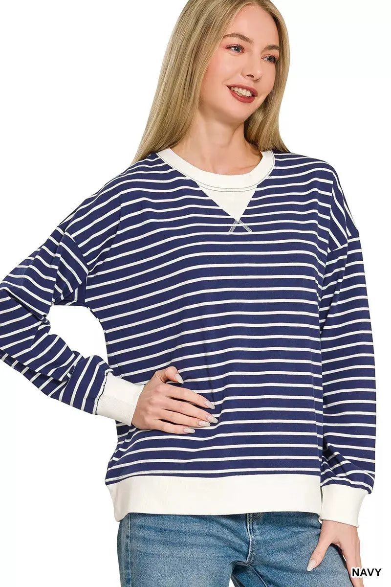 Zenana Contrast Striped Round Neck Sweatshirt by Zenana