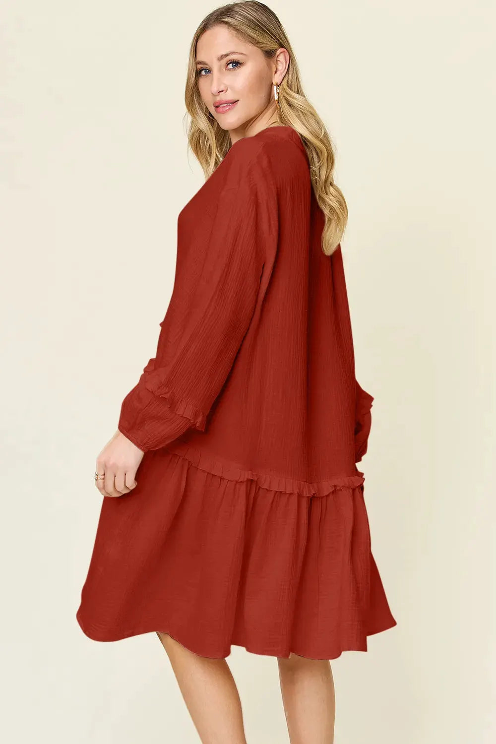 Double Take Full Size Texture Half Button Ruffle Trim Dress by Double Take