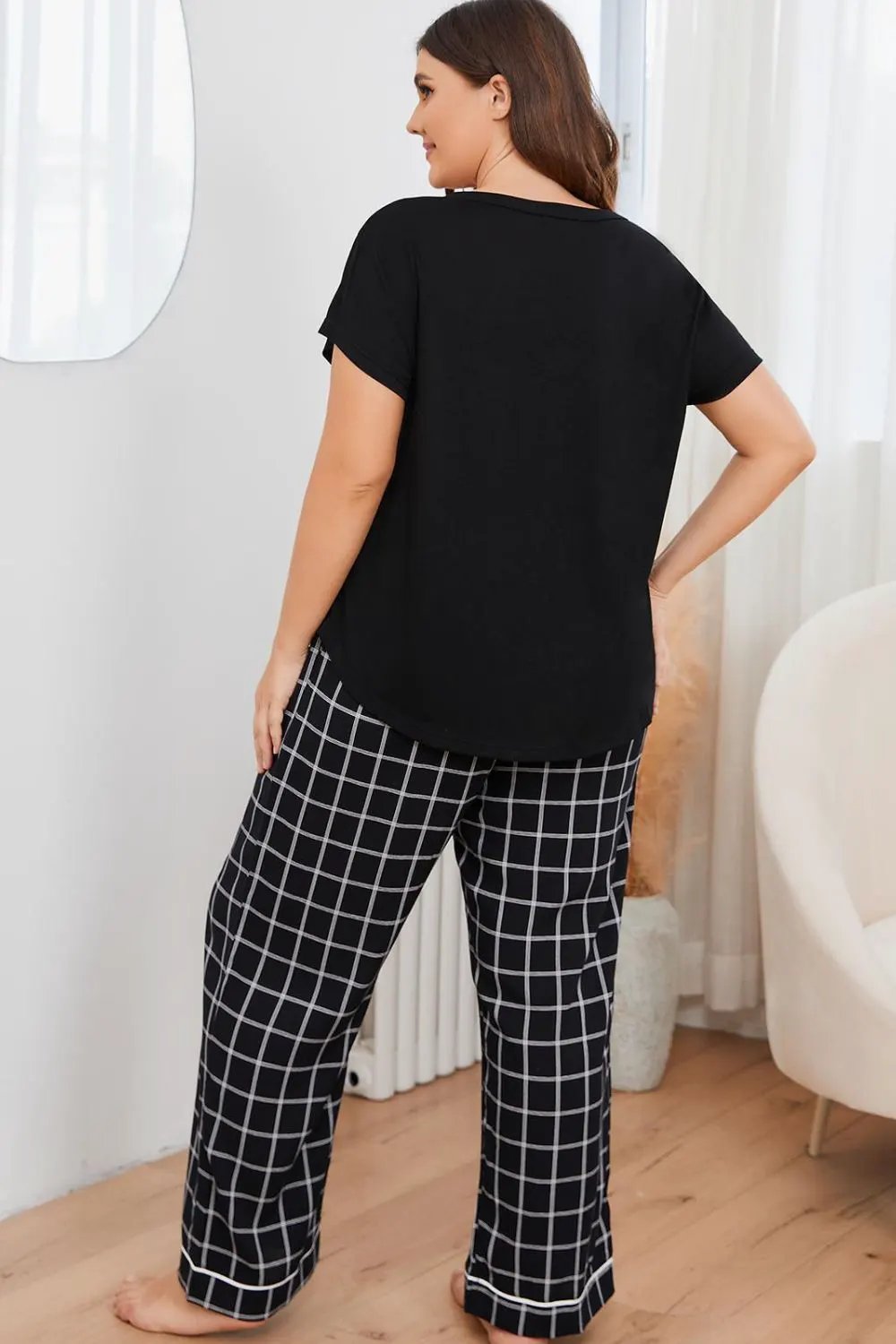 Plus Size V-Neck Top and Plaid Pants Lounge Set by Partner Label