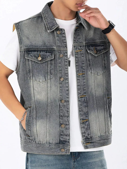 Men's Plus Size Vintage Washed Sleeveless Denim Vest by Trendsi