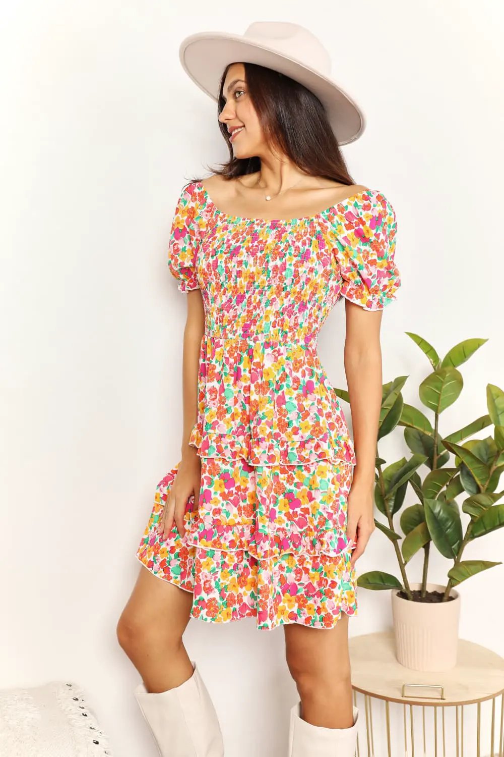 Devine Smocked Sweetheart Neck Flounce Sleeve Mini Dress by Double Take