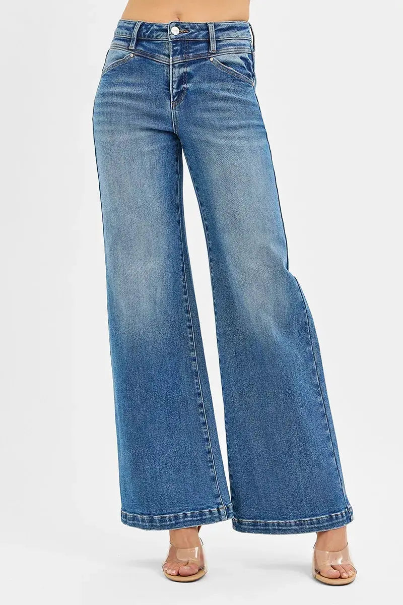 RISEN High Rise Wide Leg Jenas with Front Yoke and Heart Back Pocket by RISEN