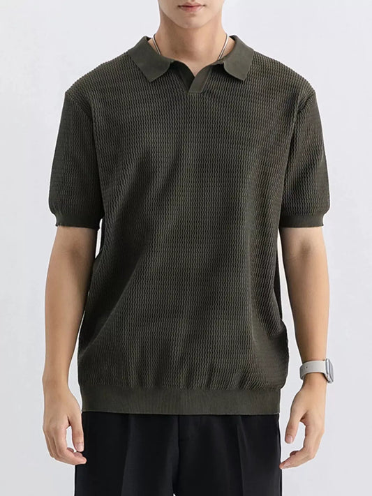 Men's Plus Size Textured Knit Short Sleeve Polo by Trendsi