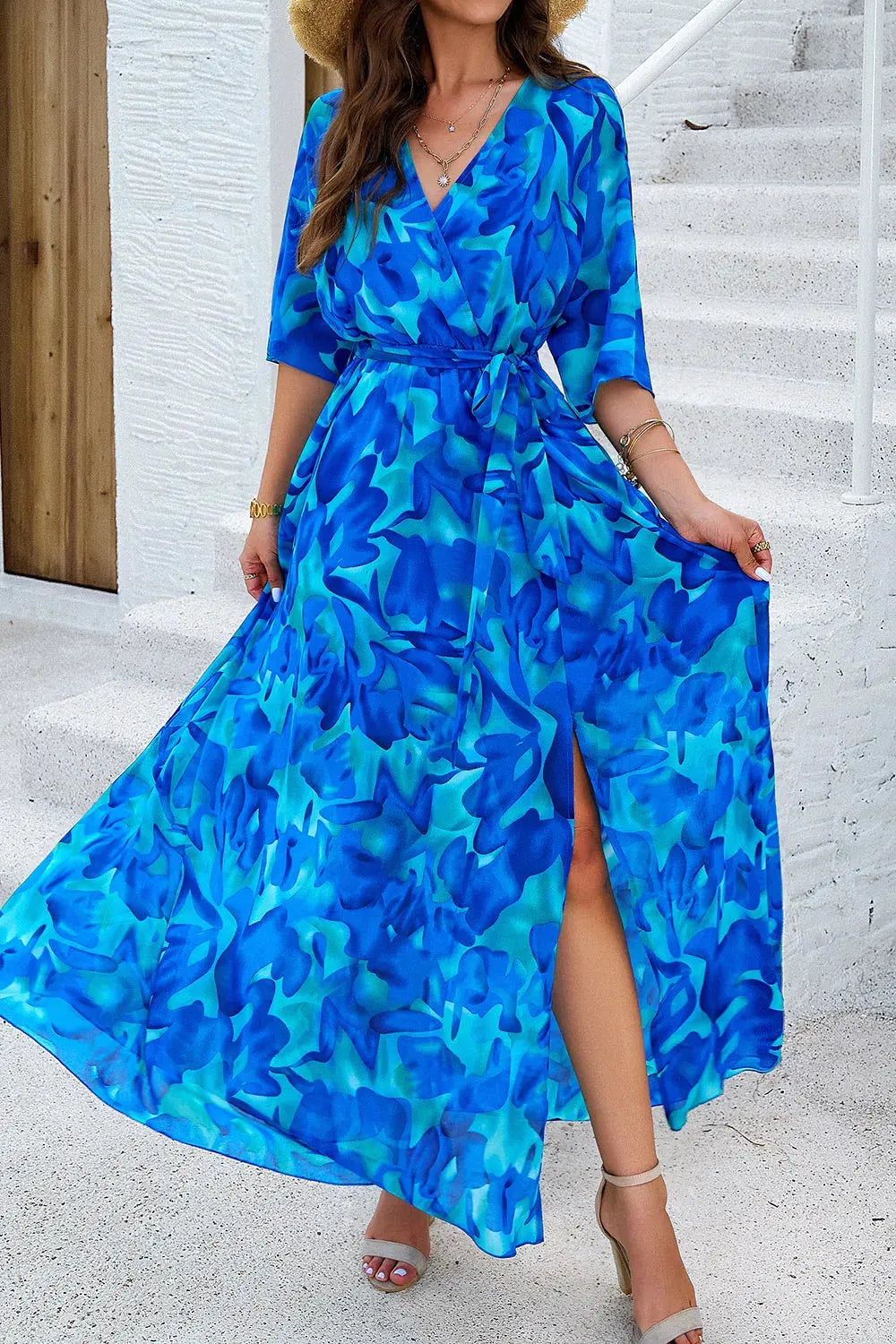 Devine Printed Tied Half Sleeve Slit Dress by Devine