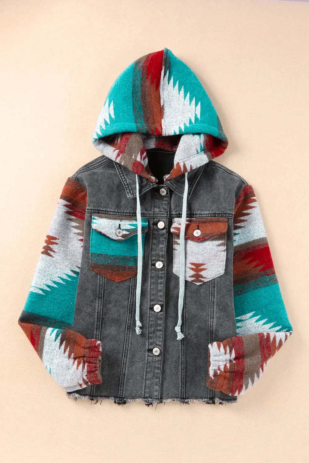 Drawstring Hooded Pocketed Denim Jacket by Partner Label