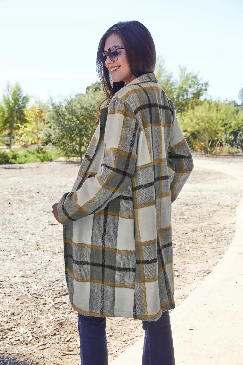 Double Take Full Size Plaid Button Up Lapel Collar Coat by Double Take