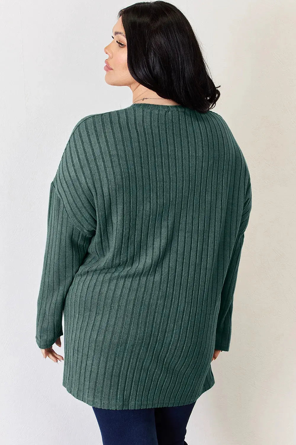 Basic Bae Full Size Ribbed Half Button Long Sleeve High-Low T-Shirt by Basic Bae