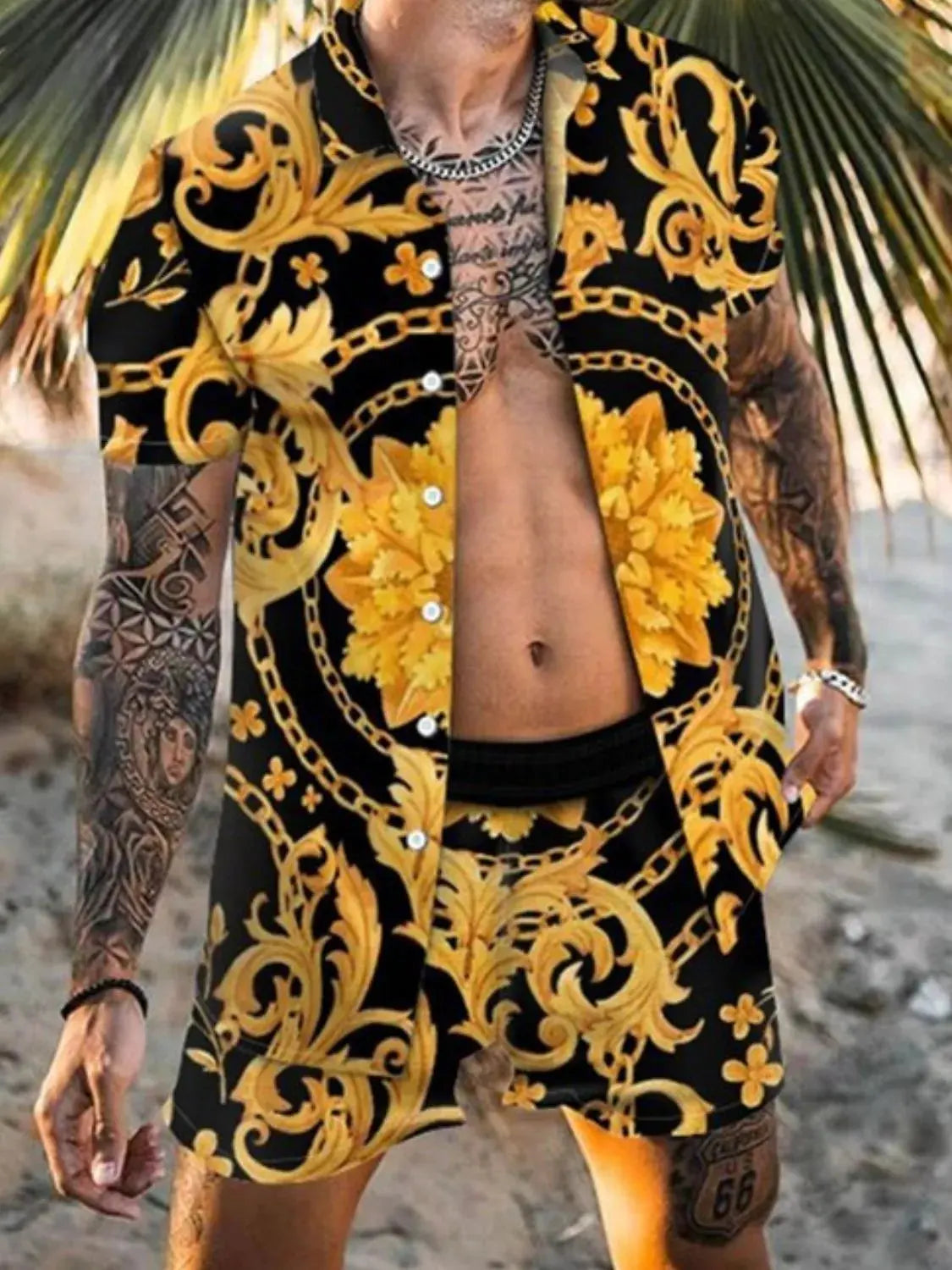 Men's Plus Size Printed Short Sleeve Shirt and Shorts Set by Trendsi